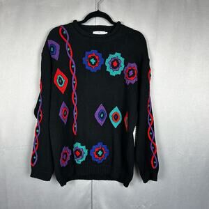 Women's NWT VTG Doncaster 80's Black Bold Chunky Knit Geometric Print Sweater L